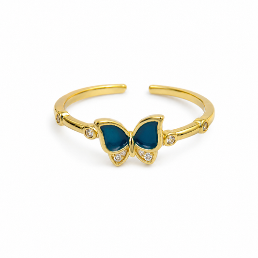BAGUE PAPILLON BLEU STRASS ACIER INOXYDABLE DORÉ